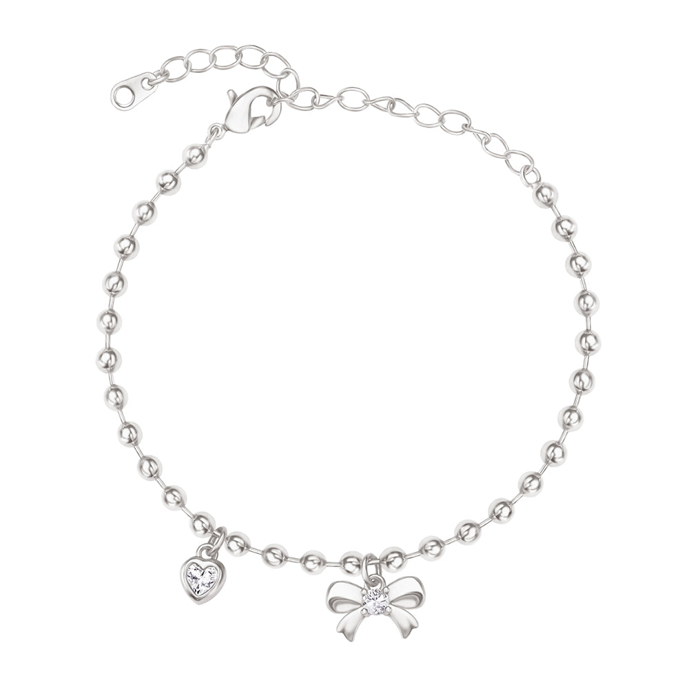 Pulsera Plateada de Bolitas con Dije Moño y Corazón Ajustable