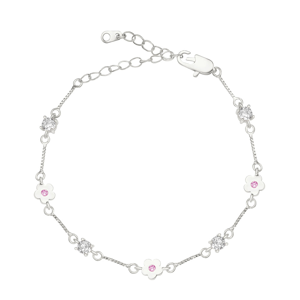 Pulsera de Flores con Brillo y Circonias Plateada Ajustable