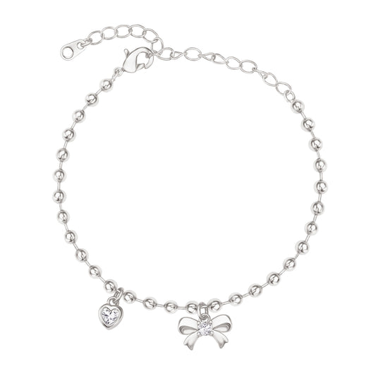Pulsera Plateada de Bolitas con Dije Moño y Corazón Ajustable