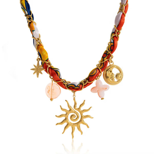 Collar Cadena Trenzada Con Cinta y Dijes Sol y Luna