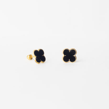Broquel Flor Trébol negro oro 10 kilates par