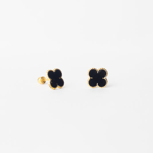 Broquel Flor Trébol negro oro 10 kilates par